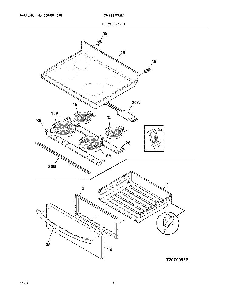 TOP/DRAWER Diagram and Parts List for CRE3870LBA  Crosley Range