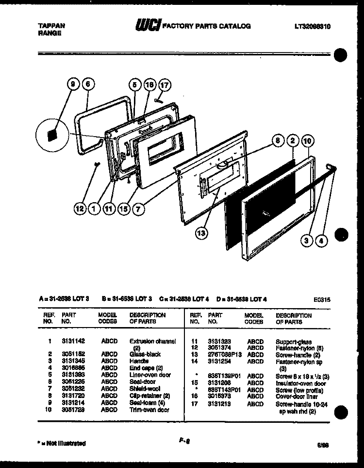 DOOR PARTS Diagram and Parts List for 31-2538-23-03  Tappan Range