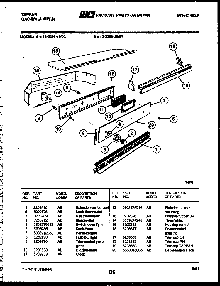 CONTROL PANEL Diagram and Parts List for 12-2299-00-03  Tappan Wall Oven