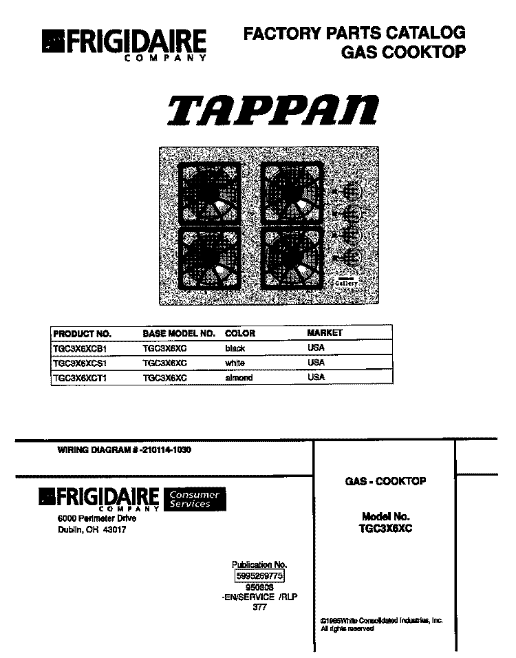 COVER Diagram and Parts List for TGC3X6XCT1  Tappan Cooktop
