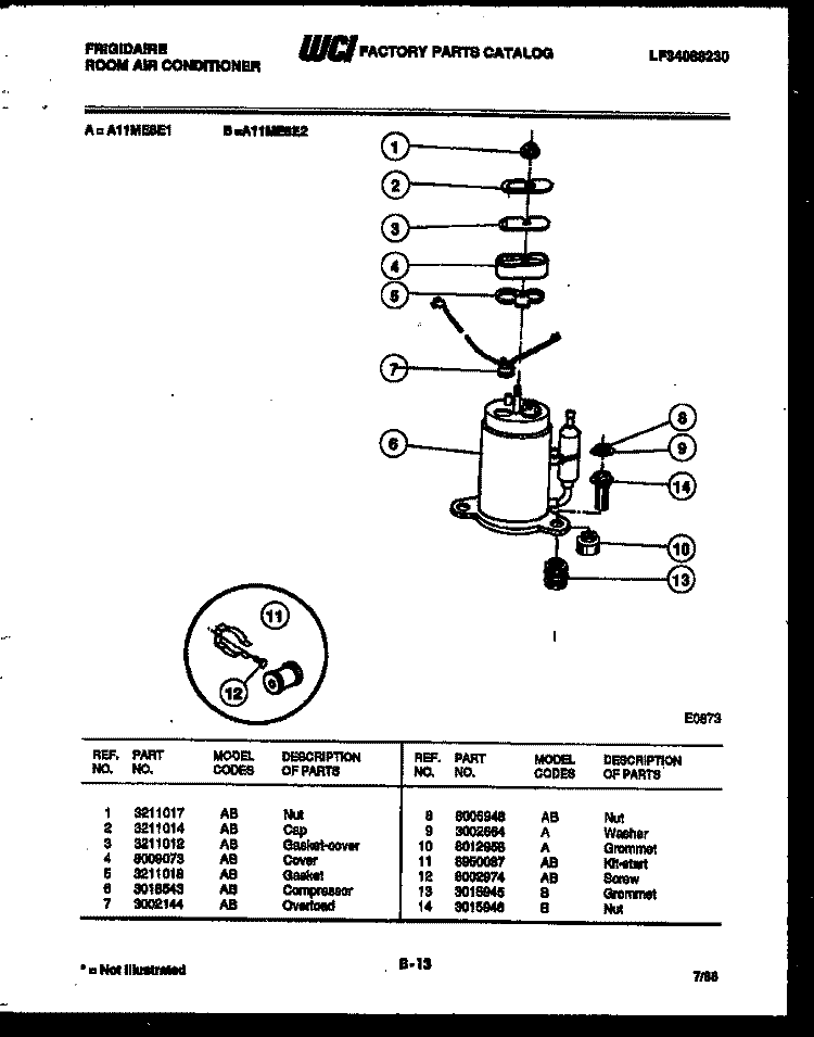 COMPRESSOR PARTS Diagram and Parts List for A11ME8E2  Frigidaire Air Conditioner