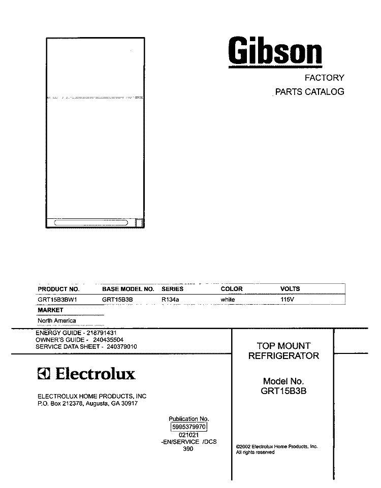 COVER Diagram and Parts List for GRT15B3BW1  Gibson Refrigerator