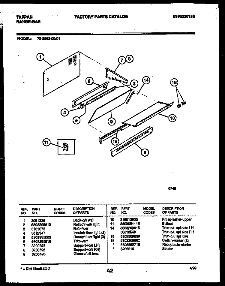 SPLASHER CONTROL Diagram and Parts List for 72-3662-23-01  Tappan Range