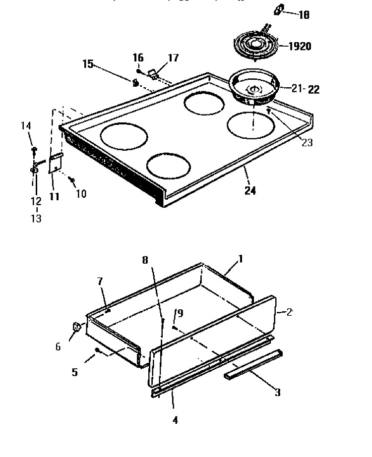 TOP, DRAWER Diagram and Parts List for KF404GDD2  Frigidaire Range