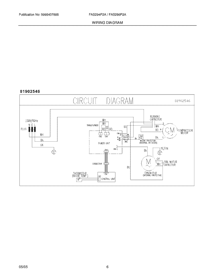 WIRING DIAGRAM Diagram and Parts List for FAS294P2A1  Frigidaire Air Conditioner
