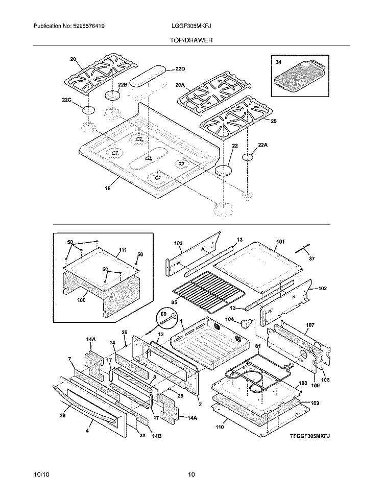 TOP/DRAWER Diagram and Parts List for LGGF305MKFJ  Frigidaire Range