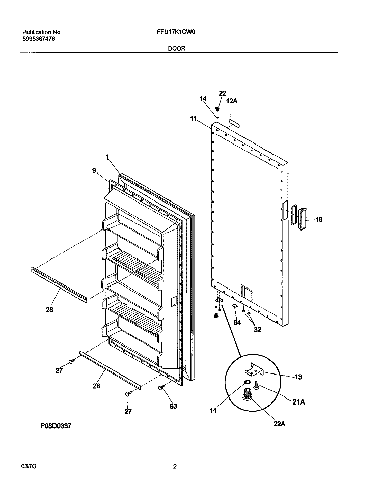 DOOR Diagram and Parts List for FFU17FK1CW0  Frigidaire Freezer