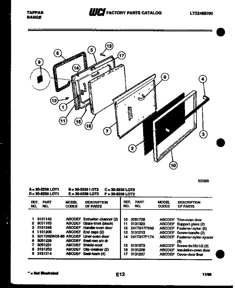 DOOR PARTS Diagram and Parts List for 30-2238-00-02  Tappan Range