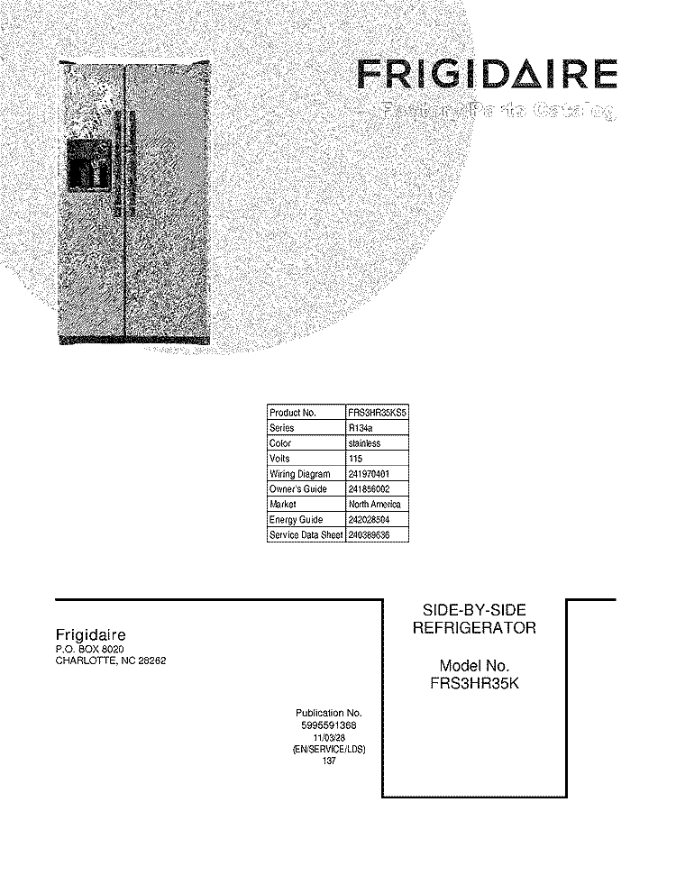 COVER Diagram and Parts List for FRS3HR35KS5  Frigidaire Refrigerator
