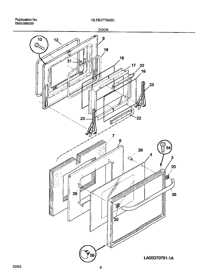 DOOR Diagram and Parts List for GLEB27T8ASC  Frigidaire Wall Oven