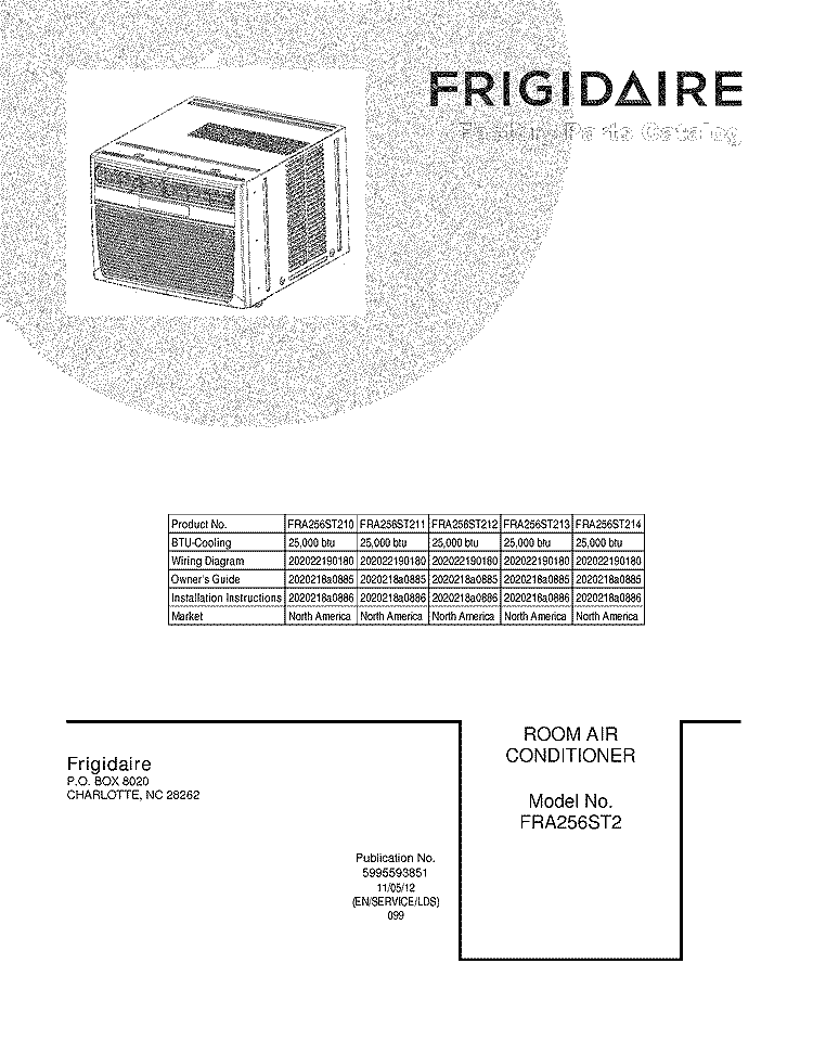COVER Diagram and Parts List for FRA256ST211  Frigidaire Air Conditioner