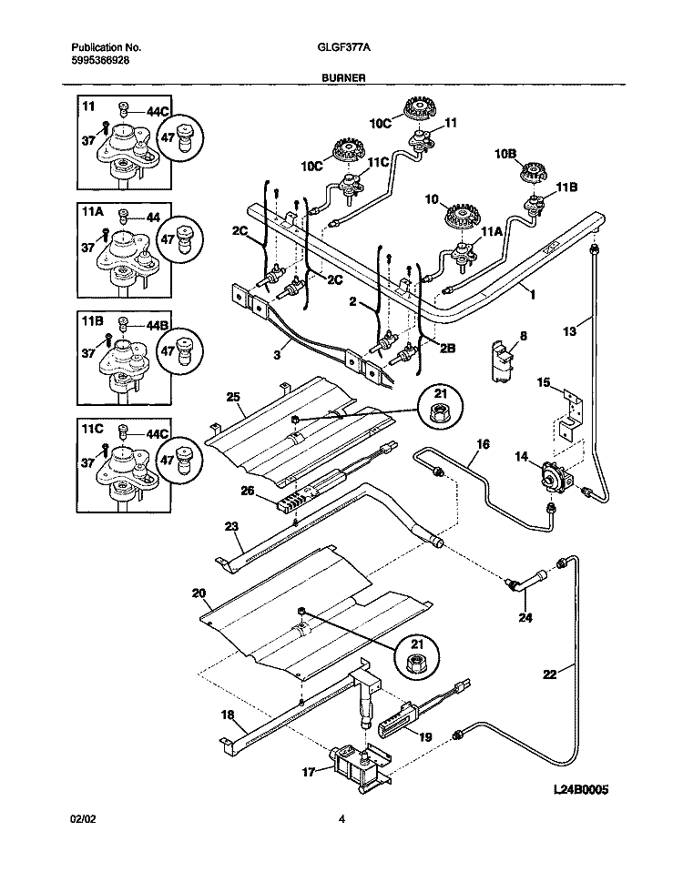 BURNER Diagram and Parts List for GLGF377AQE  Frigidaire Range
