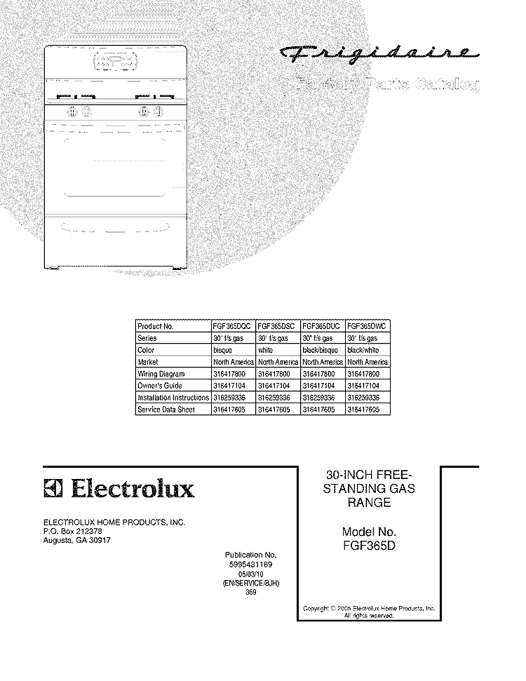COVER Diagram and Parts List for FGF365DSC  Frigidaire Range