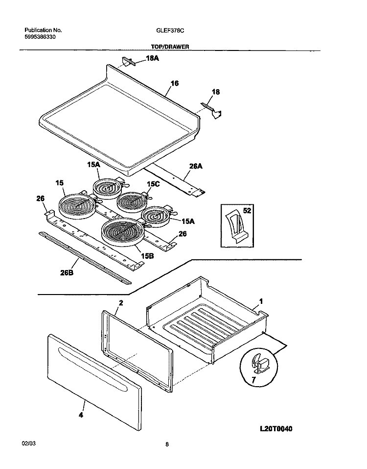 TOP / DRAWER Diagram and Parts List for GLEF378CQA  Frigidaire Range