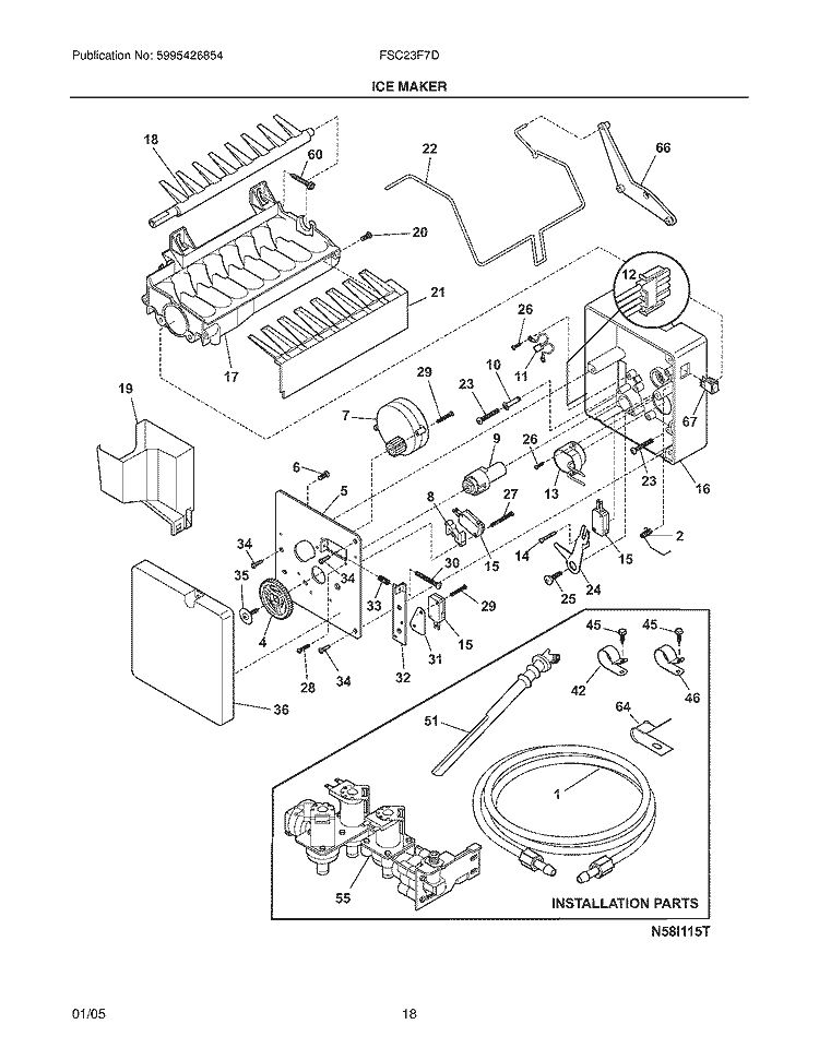 ICE MAKER Diagram and Parts List for FSC23F7DB1  Frigidaire Refrigerator
