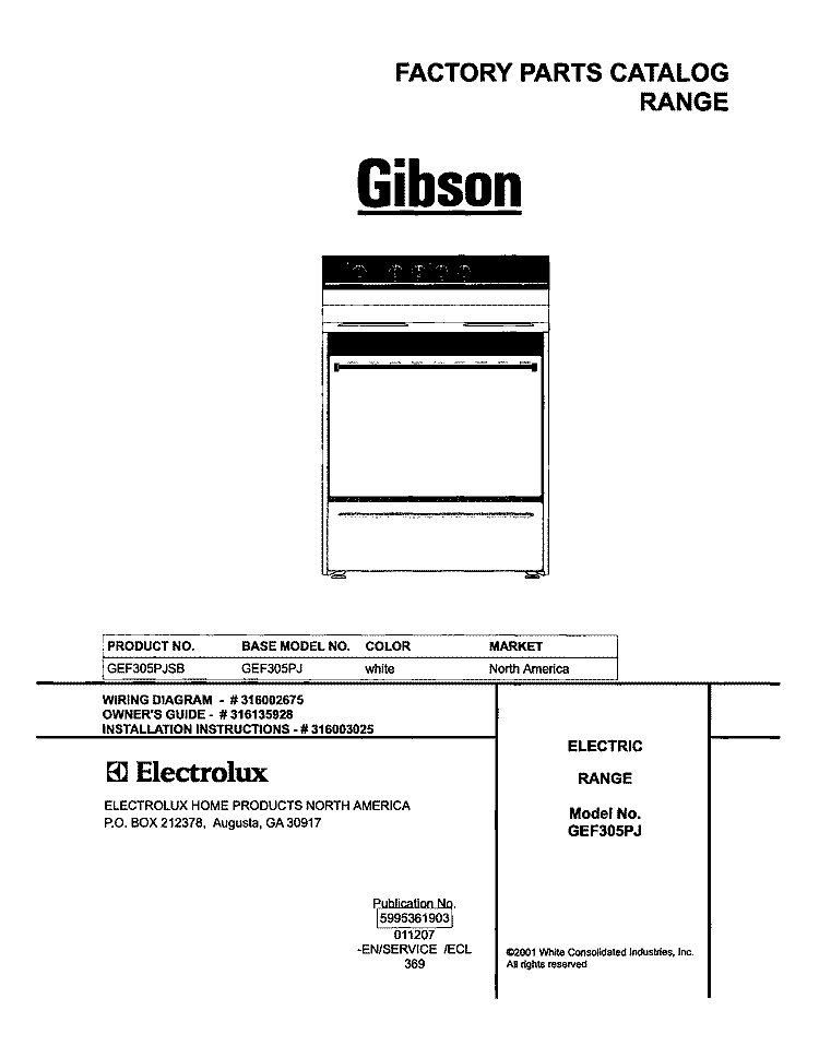 COVER Diagram and Parts List for GEF305PJSB  Gibson Range