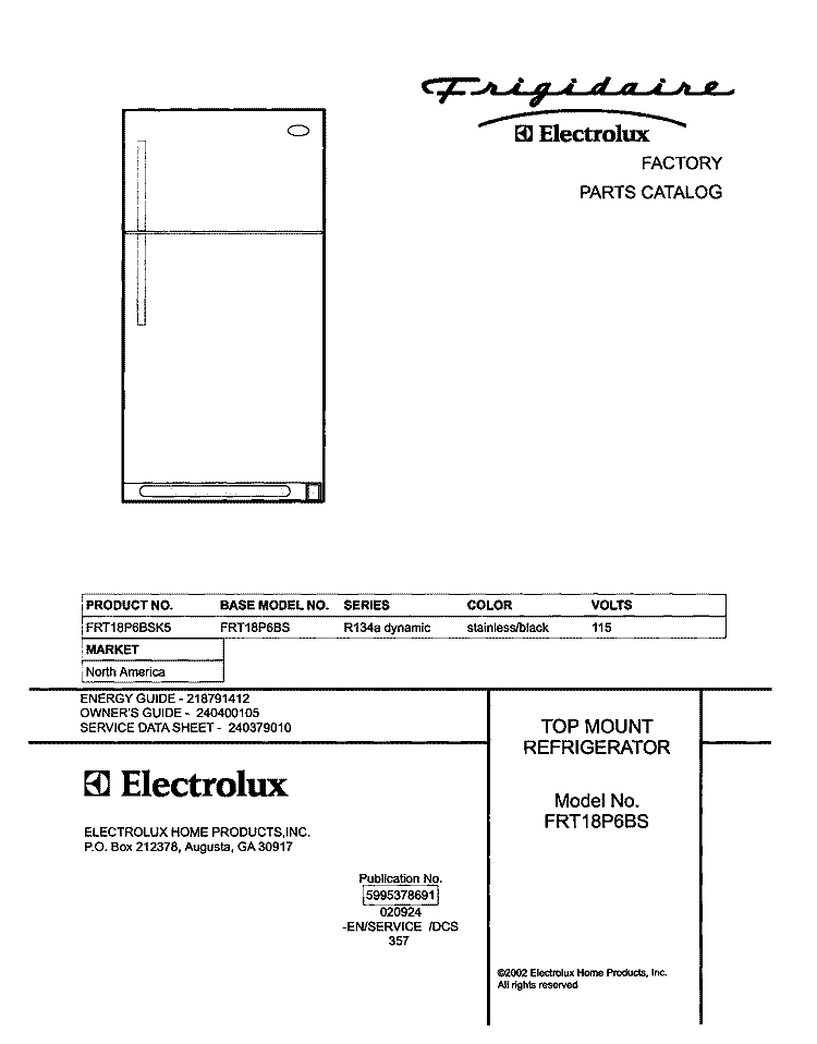 COVER Diagram and Parts List for FRT18P6BSK5  Frigidaire Refrigerator
