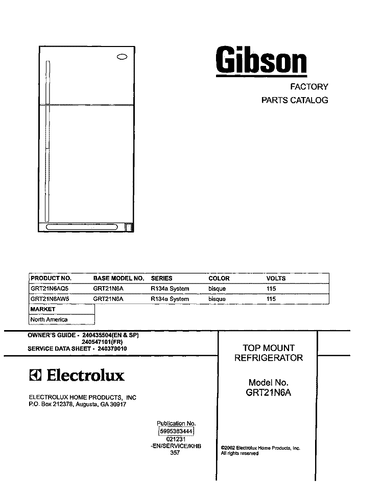 COVER Diagram and Parts List for GRT21N6AW5  Gibson Refrigerator