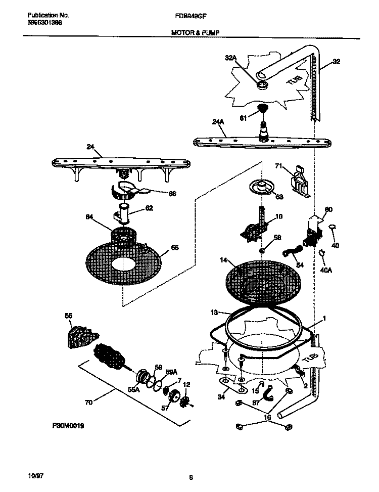 MOTOR & PUMP Diagram and Parts List for FDB949GFB1  Frigidaire Dishwasher