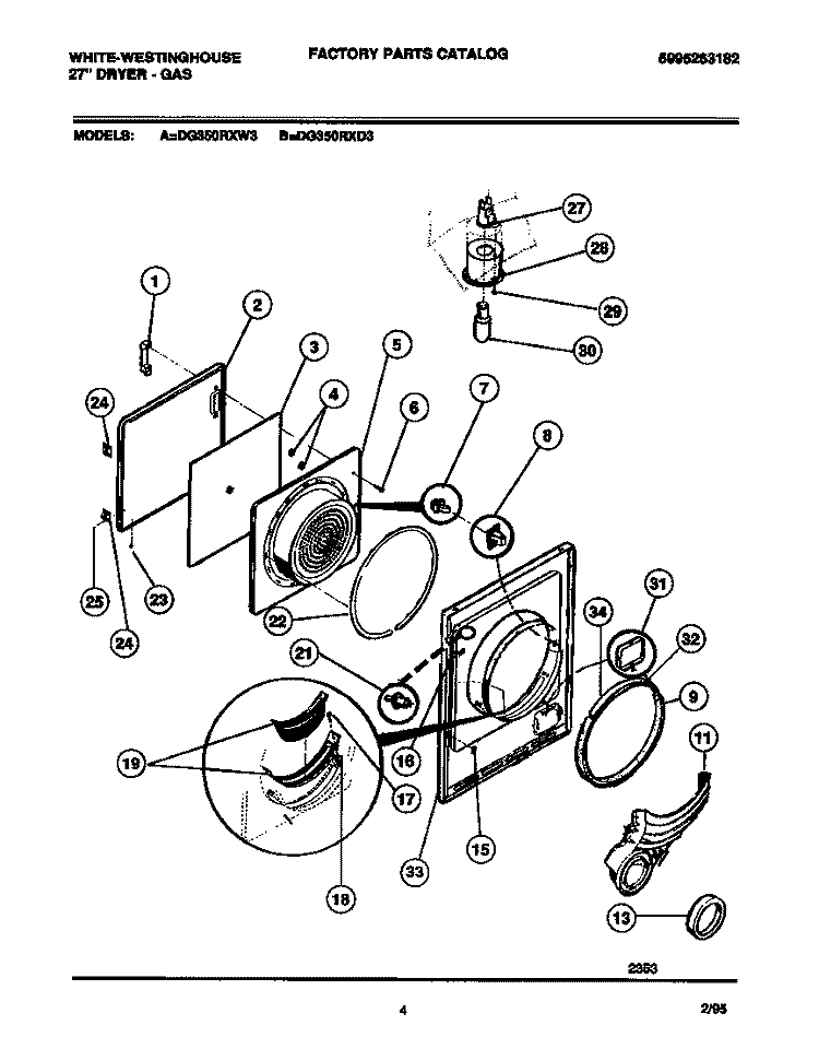 DOOR, FRONT PANEL, LINT FILTER Diagram and Parts List for DG350RXW3  Frigidaire Dryer
