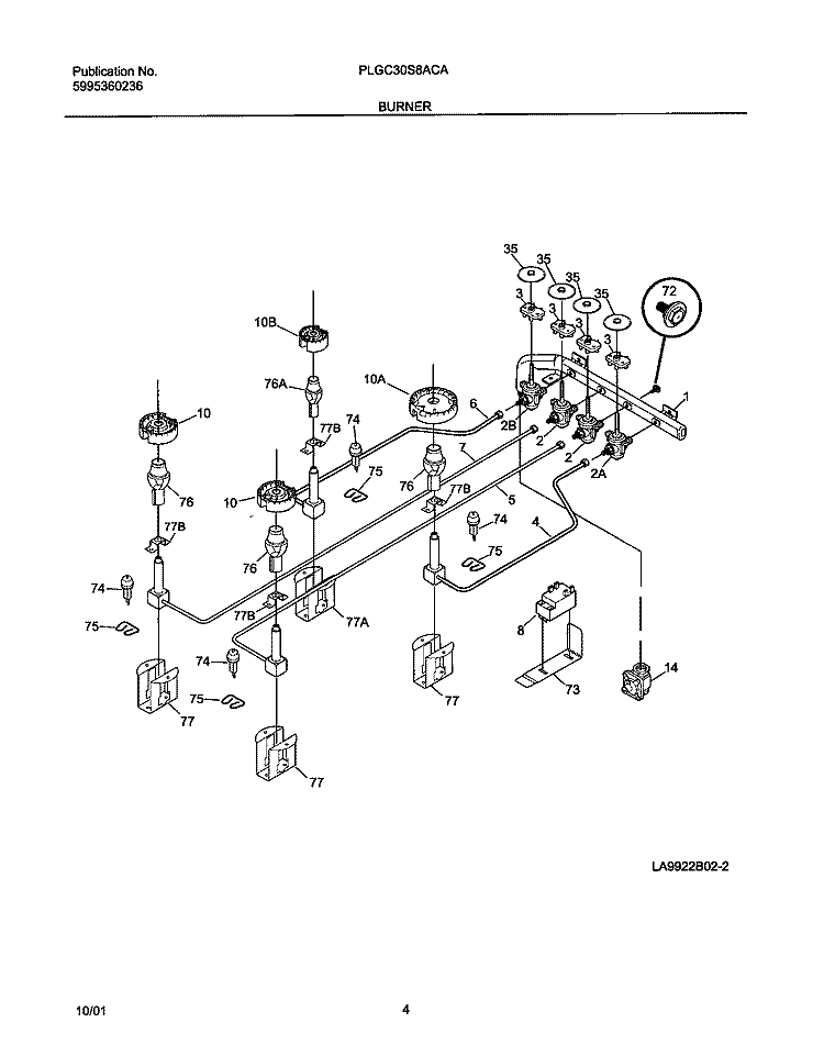 BURNERS Diagram and Parts List for PLGC30S8ACA  Frigidaire Cooktop