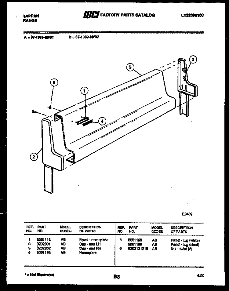 BACKGUARD Diagram and Parts List for 37-1039-00-01  Tappan Range