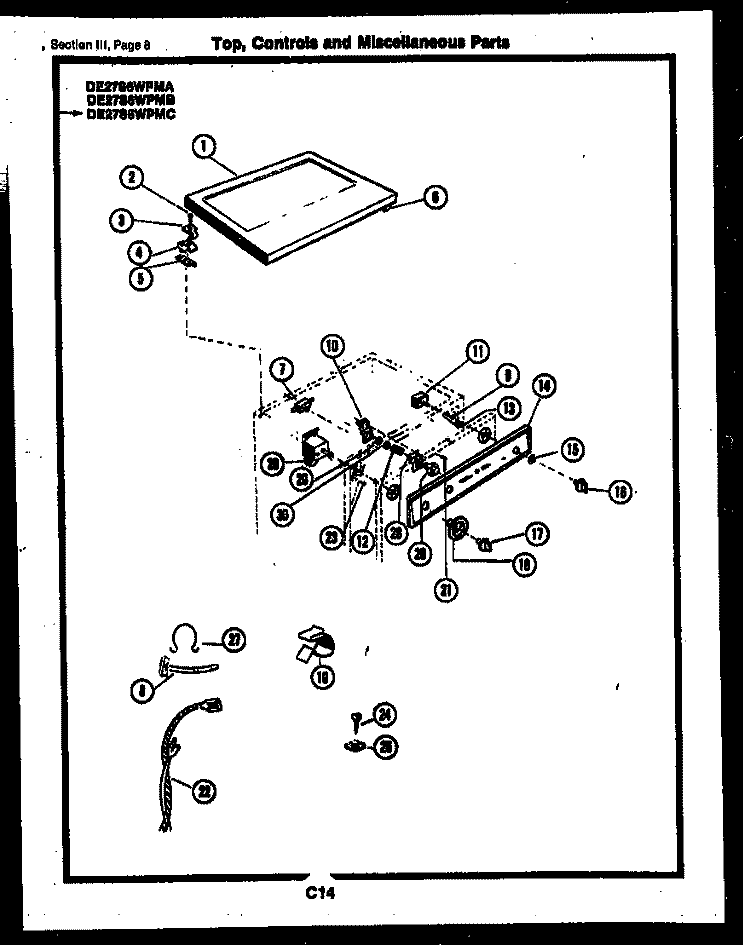 TOP, CONTROLS AND MISCELLANEOUS PAR Diagram and Parts List for DE27S6WPMC  Gibson Dryer