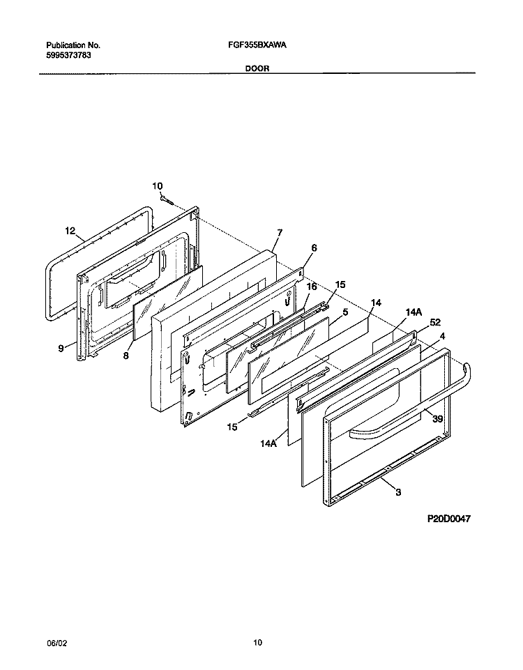 DOOR Diagram and Parts List for FGF355BXAWA  Frigidaire Range