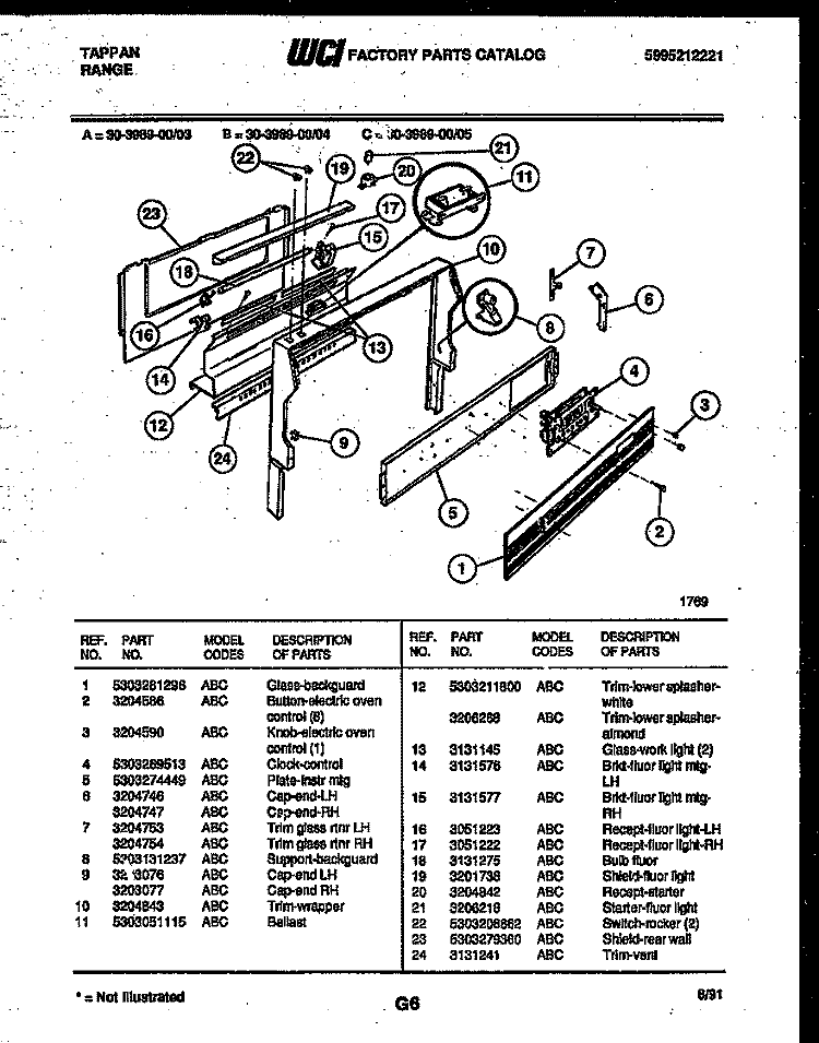 BACKGUARD Diagram and Parts List for 30-3989-00-03  Tappan Range