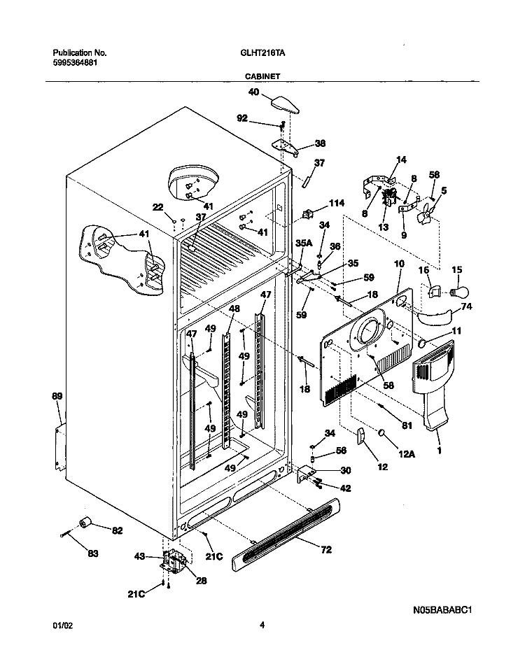 CABINET Diagram and Parts List for GLHT216TAB1  Frigidaire Refrigerator