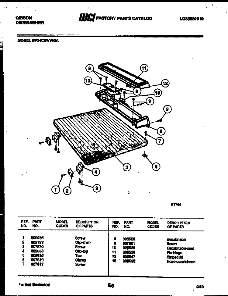 TOP PARTS Diagram and Parts List for SP24C6WWGA  Gibson Dishwasher