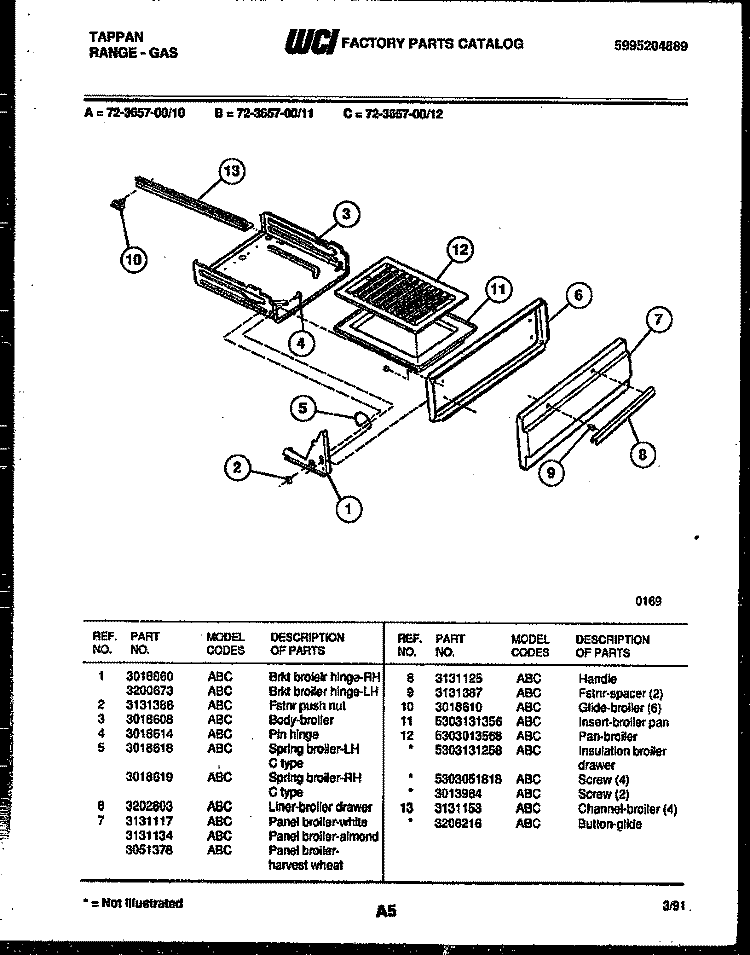 BROILER DRAWER PARTS Diagram and Parts List for 72-3657-00-10  Tappan Range