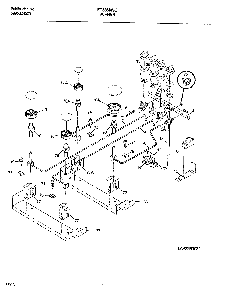 BURNER Diagram and Parts List for FCS388WGCA  Frigidaire Range