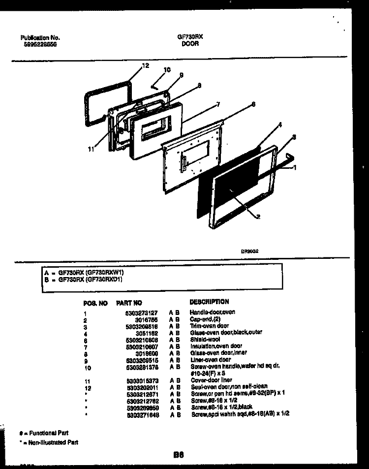 DOOR PARTS Diagram and Parts List for GF730RXW1  Frigidaire Range
