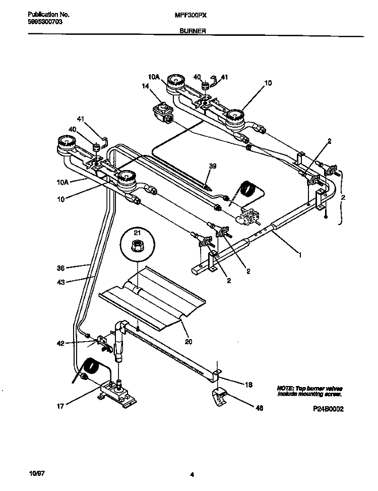 BURNER Diagram and Parts List for MPF300PXWC  Frigidaire Range