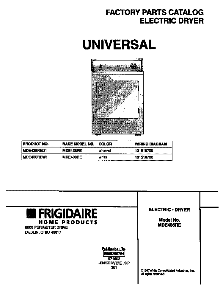 COVER Diagram and Parts List for MDE436RED1  Frigidaire Dryer