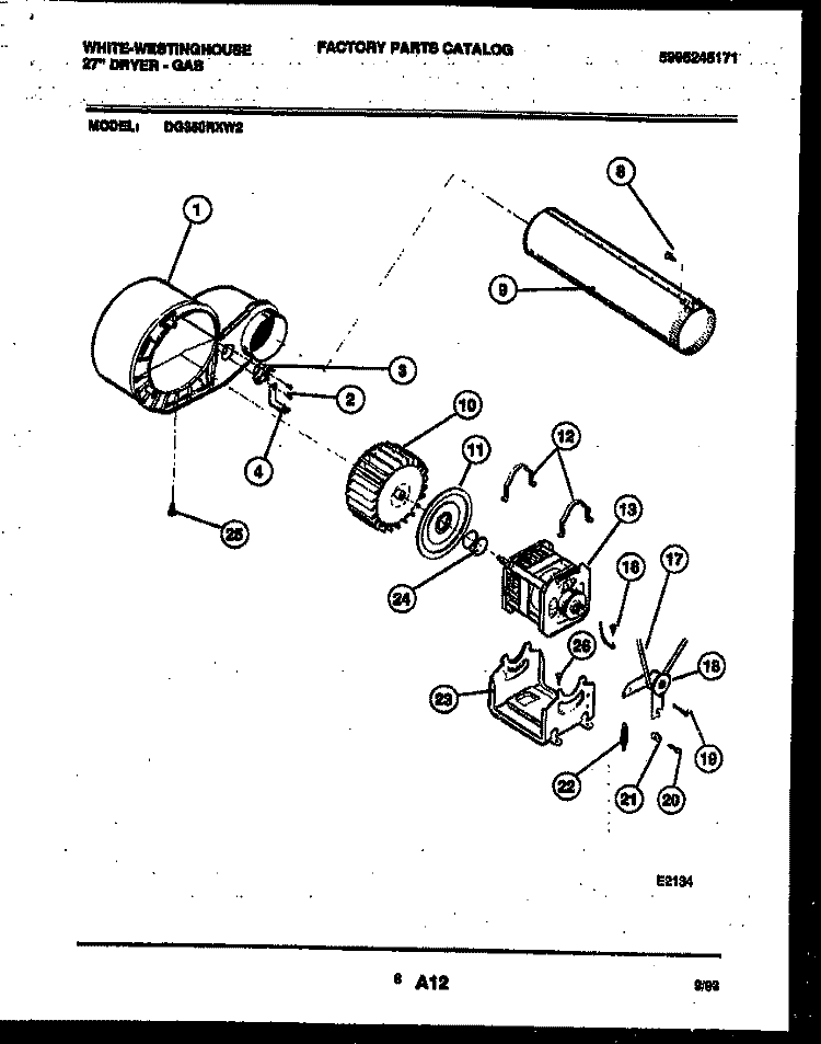 BLOWER AND DRIVE PARTS Diagram and Parts List for DG350RXW2  Frigidaire Dryer