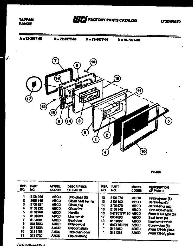 LOWER OVEN DOOR PARTS Diagram and Parts List for 72-3977-00-06  Tappan Range