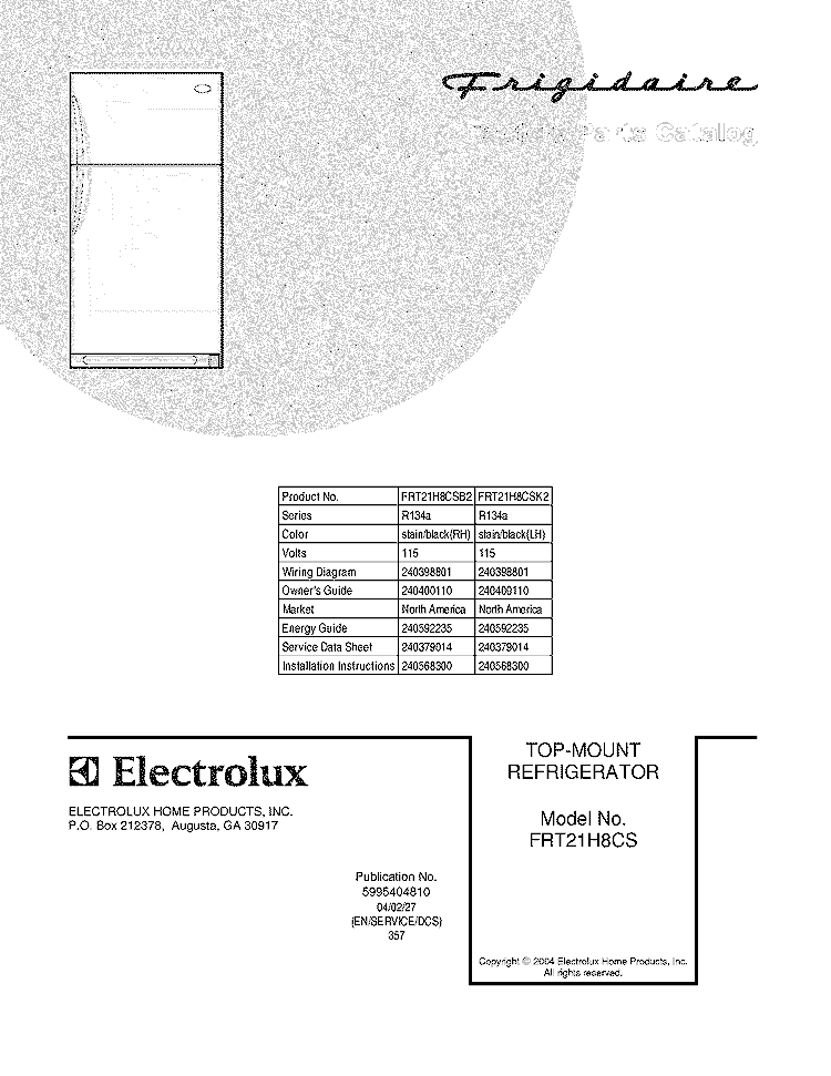 COVER Diagram and Parts List for FRT21H8CSK2  Frigidaire Refrigerator