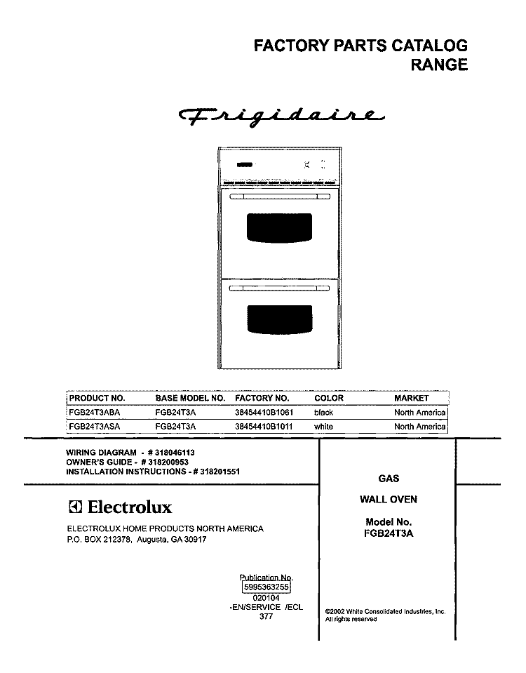 COVER Diagram and Parts List for FGB24T3ABA  Frigidaire Wall Oven