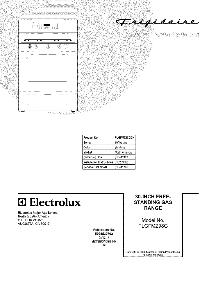 COVER Diagram and Parts List for PLGFMZ98GCH  Frigidaire Range