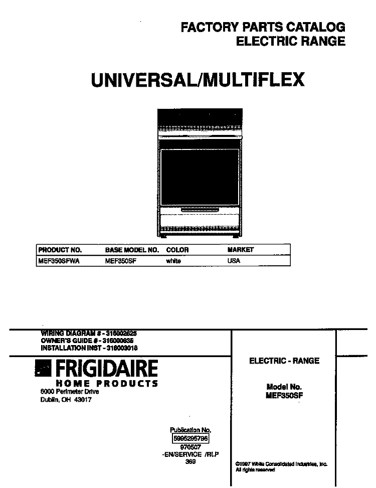 COVER Diagram and Parts List for MEF350SFWA  Frigidaire Range