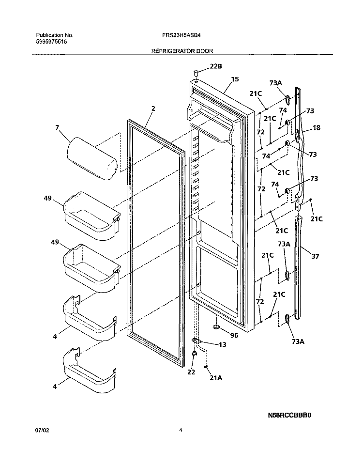 REFRIGERATOR DOOR Diagram and Parts List for FRS23H5ASB4  Frigidaire Refrigerator