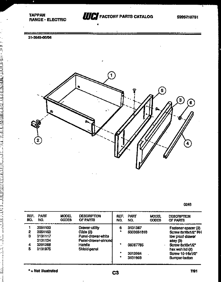 DRAWER PARTS Diagram and Parts List for 31-2649-23-04  Tappan Range