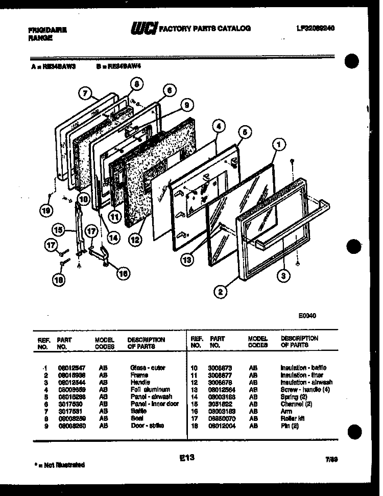 DOOR PARTS Diagram and Parts List for RE34BAH4  Frigidaire Range