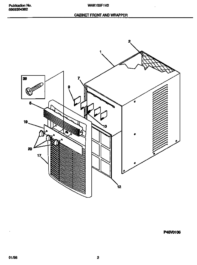 CABINET FRONT AND WRAPPER Diagram and Parts List for WAK103F1V2  Frigidaire Air Conditioner