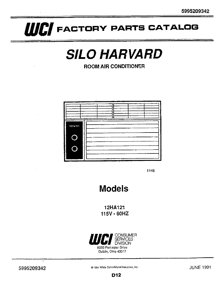 COVER Diagram and Parts List for 12HA121  Frigidaire Air Conditioner