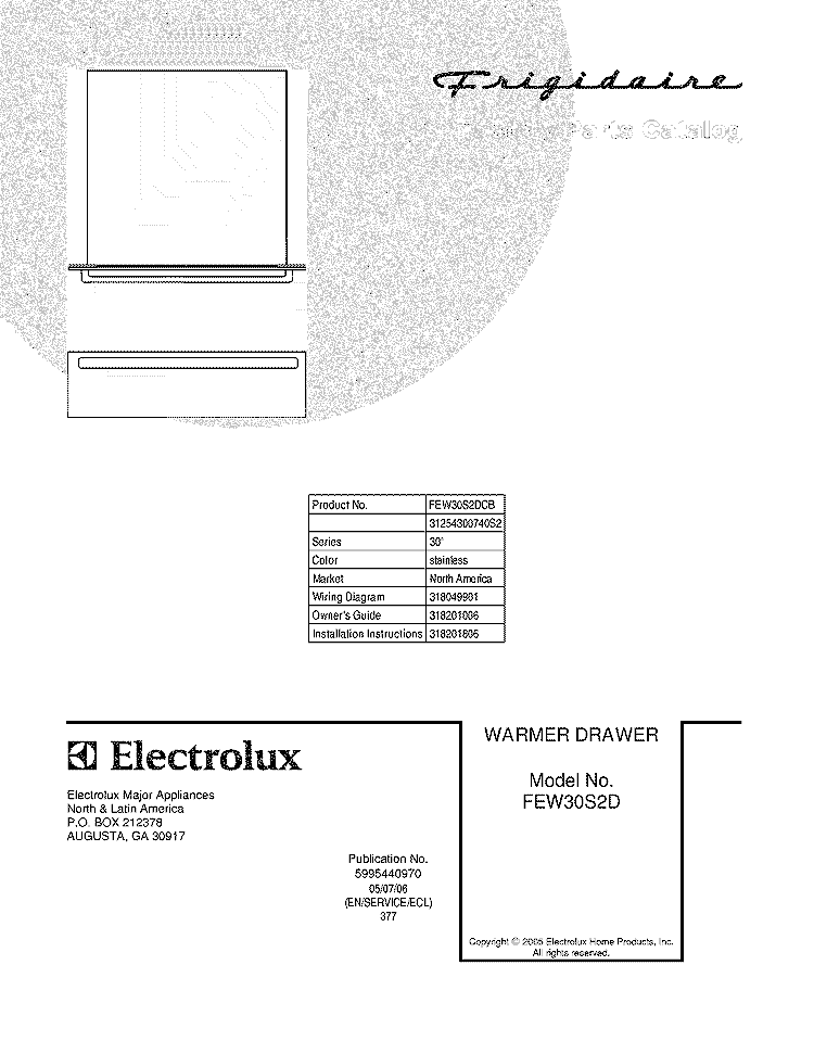 COVER Diagram and Parts List for FEW30S2DCB  Frigidaire Warming Drawer