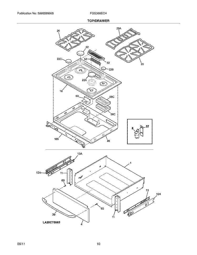 TOP/DRAWER Diagram and Parts List for FGS366ECH  Frigidaire Range