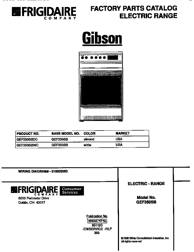 COVER Diagram and Parts List for GEF350SBDC  Gibson Range